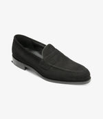Loake Imperial Black Suede Penny Loafers Front View