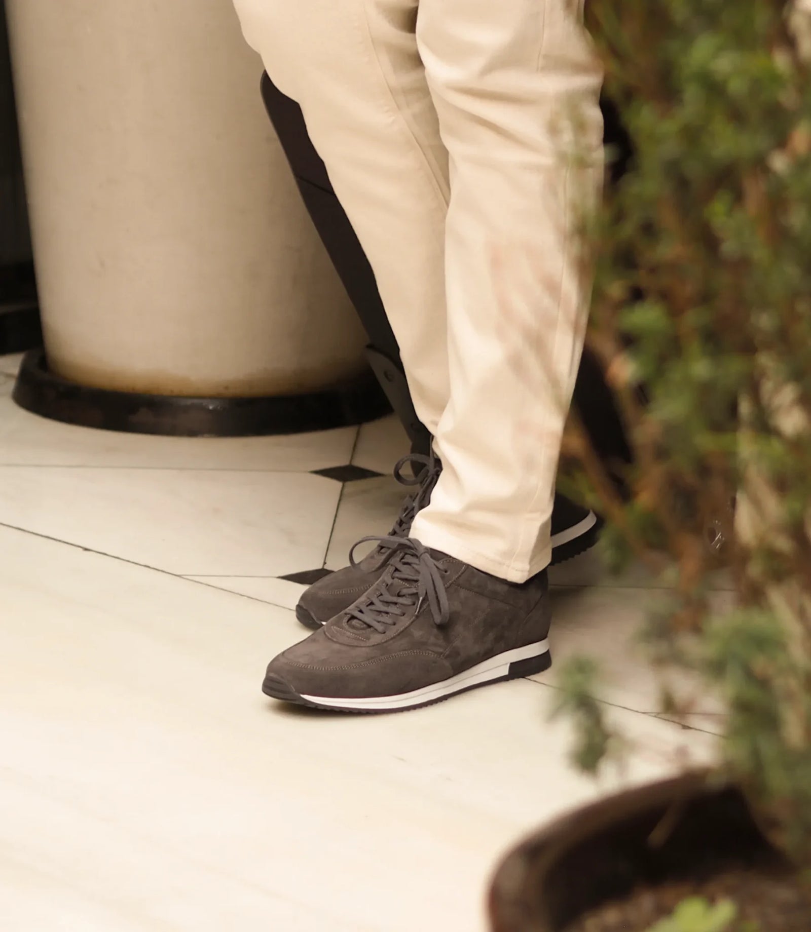 Loake Bannister Anthracite Suede Sneakers worn with casual trousers
