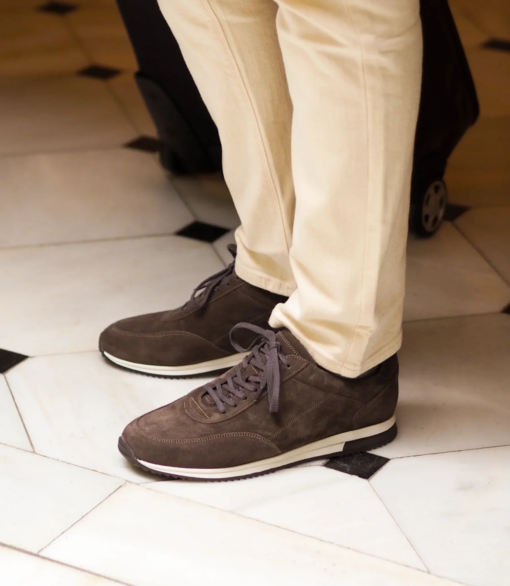 Loake Bannister Anthracite Suede Sneakers worn with casual trousers