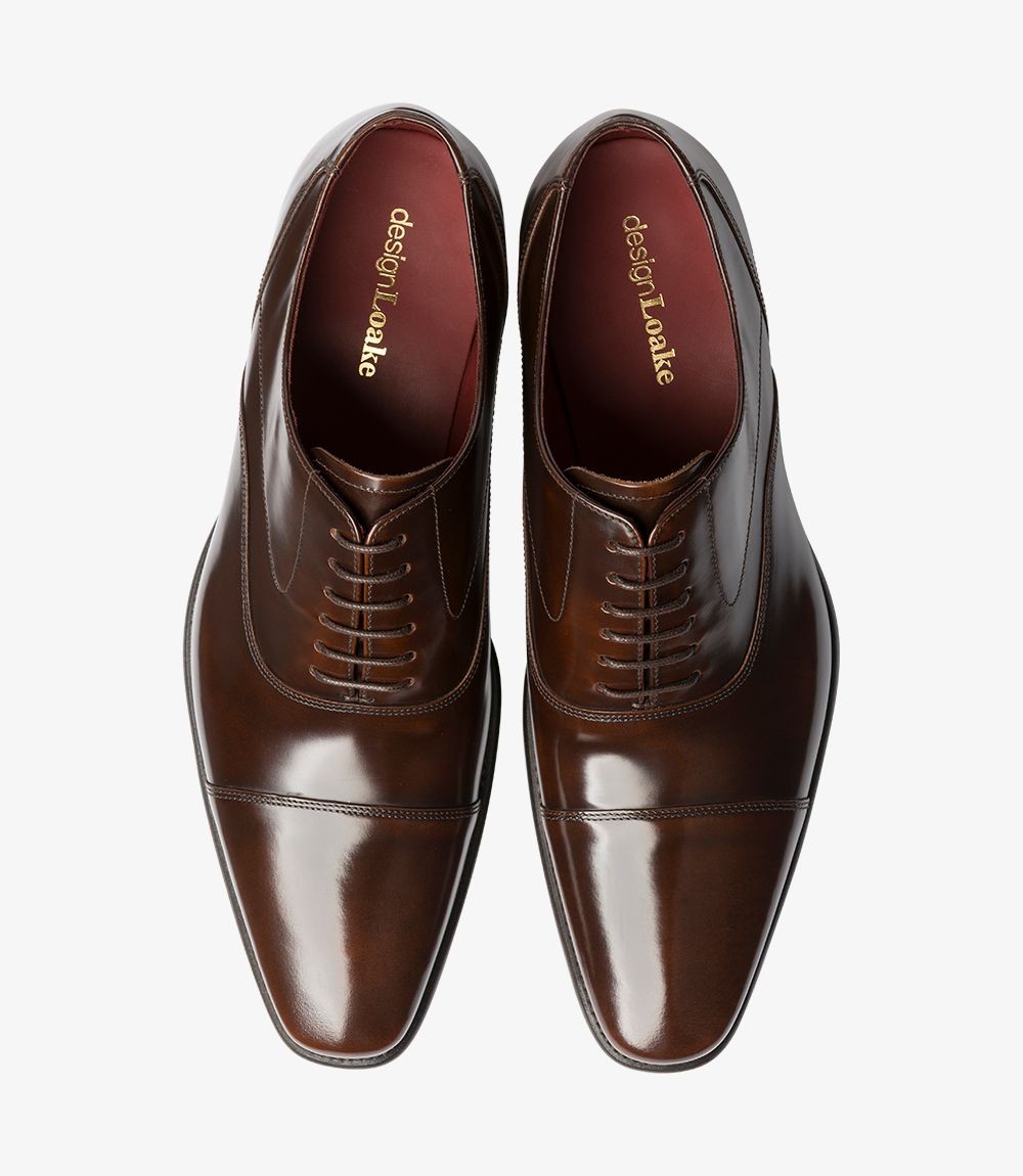 Loake Sharp Dark Brown Toe Cap Oxford Shoes Top View | Euston Shoemakers London