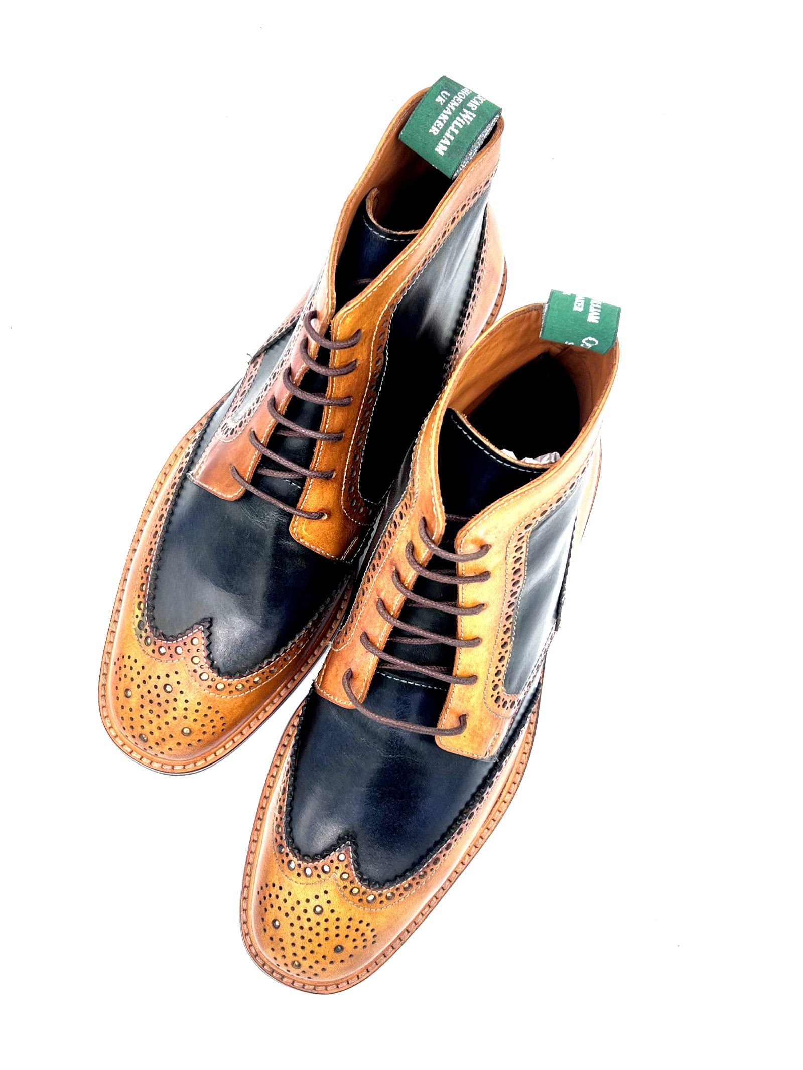 Oscar William Brogue Boots – Light Tan / Navy Blue Mix Patina