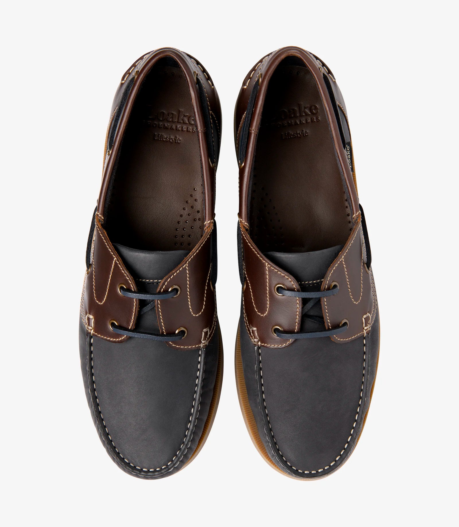 Loake Padstow Brown Waxy Leather & Navy Nubuck Deck Shoes top view